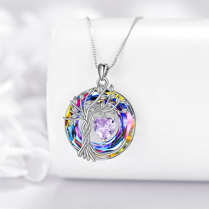 POPLYKE Mothers Day Gifts for Mom Her Wife Tree of Life Necklace 925 Sterling Silver Birthstone Pendant with Crystal Anniversary Birthday Wedding Jewelry for Women