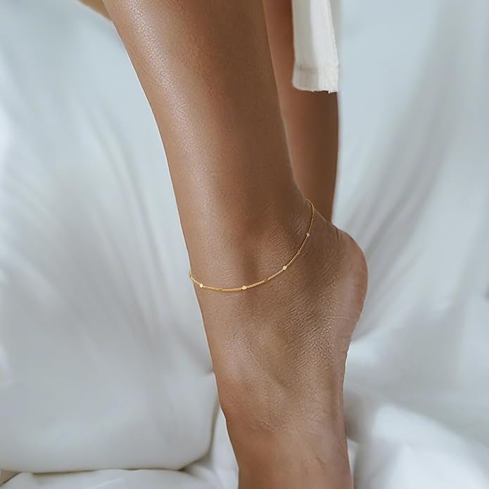 14K Gold Anklets for Women Gold Ankle Bracelets for Women Cuban Chain with Spaced Tiny Disc 11(9+2) Inches