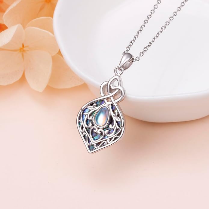 DAOCHONG 925 Sterling Silver Filigree Moonstone Sunflower Necklace Celtic Teardrop Abalone Shell Jewelry for Women Birthday Christmas Anniversary