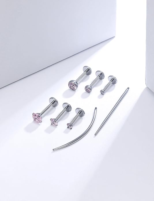 20G 18G 16G Astm F136 Titanium Internally Threaded Flat Back Earrings Nose Rings Studs G23 Titanium Tragus Helix Conch Cartilage Earrings Studs Piercing Jewelry For Women Men Clear Pink CZ