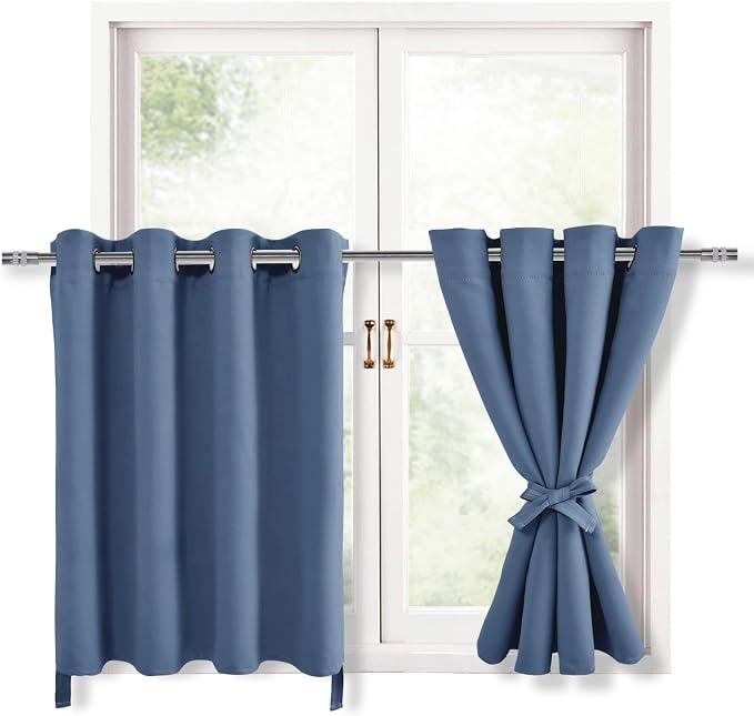Hiasan Blackout Curtains for Bedroom, 52 x 36 Inches Long - Thermal Insulated & Light Blocking Window Curtains for Living Room, 2 Drape Panels Sewn with Tiebacks, Blue Haze