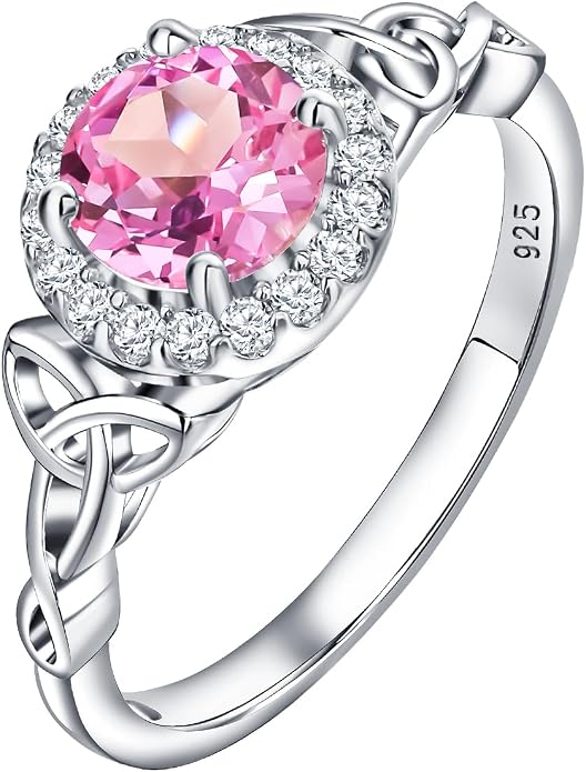 DAYBYDAY Celtic Birthstone Rings for Women 925 Sterling Silver Heart/Round/Pear/Oval Created Gemstone Moissanite Halo Engagement Promise Rings for Her Wife Birthday Anniversary Wedding Jewelry