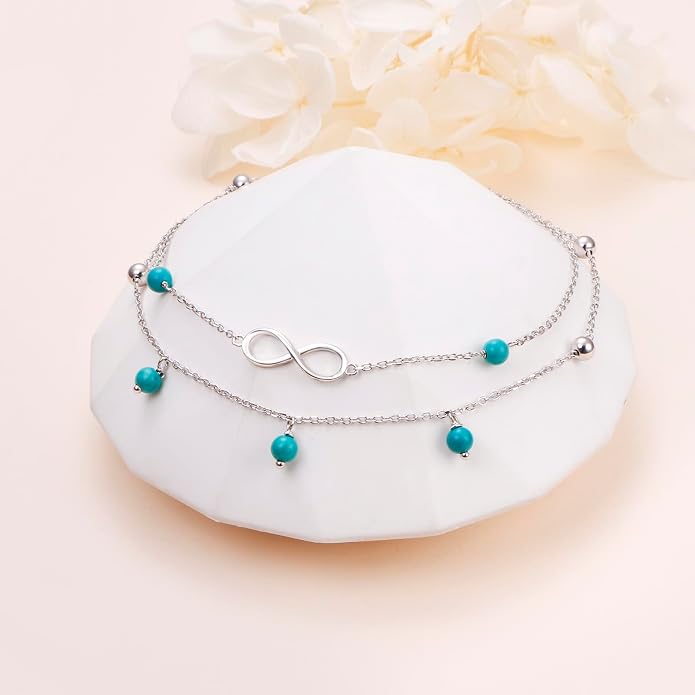 Flyow Anklet for Women S925 Sterling Silver Adjustable Foot Beaded Heart Charm Ankle Bracelet Anklets Jewelry