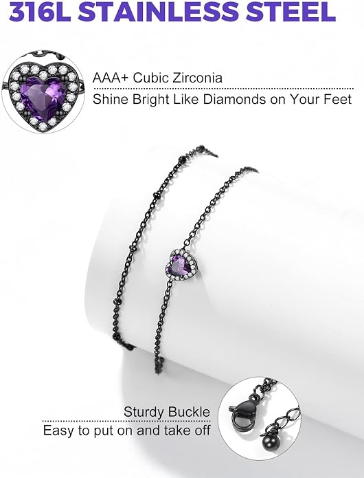 Richsteel Double Layer Heart/Butterfly Birthstone Anklet for Women Non Tarnish Waterproof, Silver/Gold/Black Stainless Steel 8.5-10.5 Inch Adjustable Chain Anklets Jewelry Gifts for Her