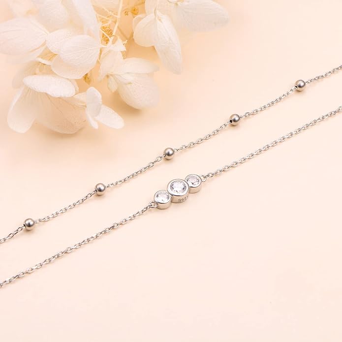 Flyow Anklet for Women S925 Sterling Silver Adjustable Foot Beaded Heart Charm Ankle Bracelet Anklets Jewelry