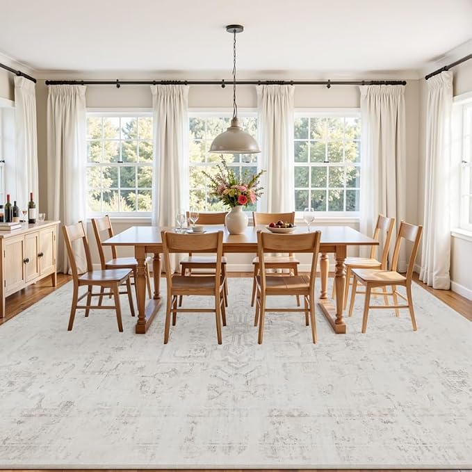 6x9 Area Rugs for Living Room: Vintage Boho Neutral Washable Rug Indoor Soft Large Area Rug Carpet for Bedroom Nursery Farmhouse Dining Room Office Floor Non-Slip Low Pile Under Table Neutral Cream
