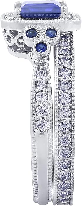 Amazon Essentials Platinum or Gold Plated Sterling Silver Antique Ring set with Asscher-Cut Infinite Elements Cubic Zirconia