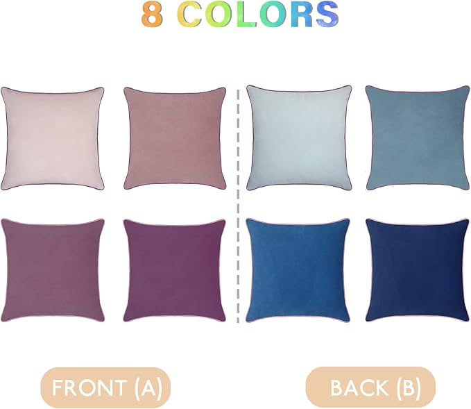 8-Colors Velvet Throw Pillow Covers 20x20 Inch Set of 4 Decorative Blue Purple Pillowcases Modern Double-Colored Cushion Covers for Sofa Couch
