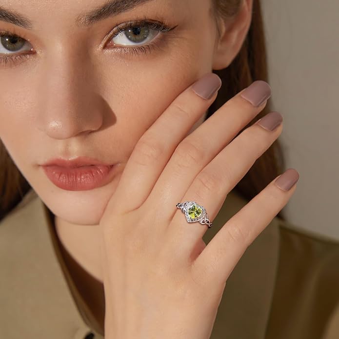 DAYBYDAY Celtic Birthstone Rings for Women 925 Sterling Silver Heart/Round/Pear/Oval Created Gemstone Moissanite Halo Engagement Promise Rings for Her Wife Birthday Anniversary Wedding Jewelry