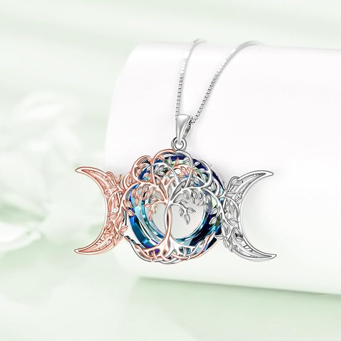 POPLYKE Tree of Life Necklace for Women Sterling Silver Celtic Knot Family Tree With Blue/Purple/Volcano Crystal Irish Gifts for Mom Wife Birthday Christmas