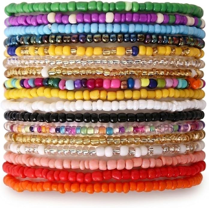 17Pcs-30Pcs Elastic Beaded Handmade Bracelets Bohemian Stackable Beaded Stretch Bracelets Colorful Boho Beach Anket Bracelet Set Rainbow Handmade Seed Beach Bracelet Summer Jewelry for Women