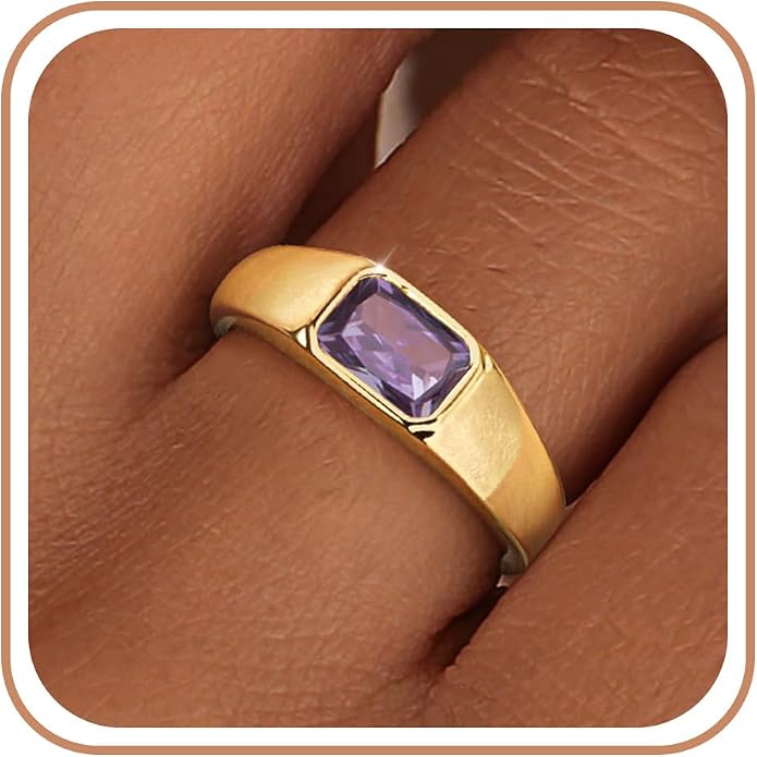 Birthstone Gold Rings for Women Non Tarnish 14K Gold Plated Chunky Emerald Rings Thumb Signet Statement Dainty CZ Band Ring Unique Waterproof Cute Jewelry Gift for Birthday Size 6-10