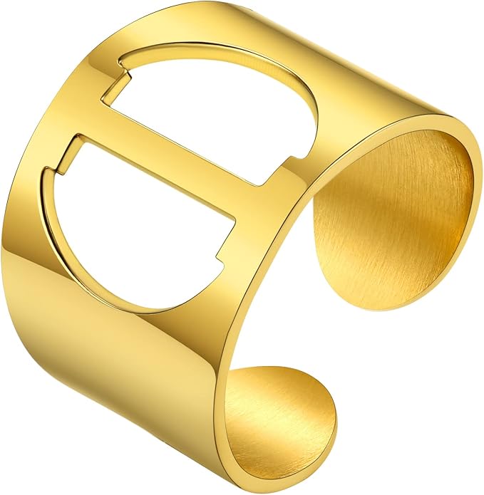 KeyStyle Bold Initial Letter Rings Adjustable, GoldChic Jewelry Women Gold Statement Ring Personalized Engraved Women’s Open Signet Ring for Party (Gold, White Gold, Black)