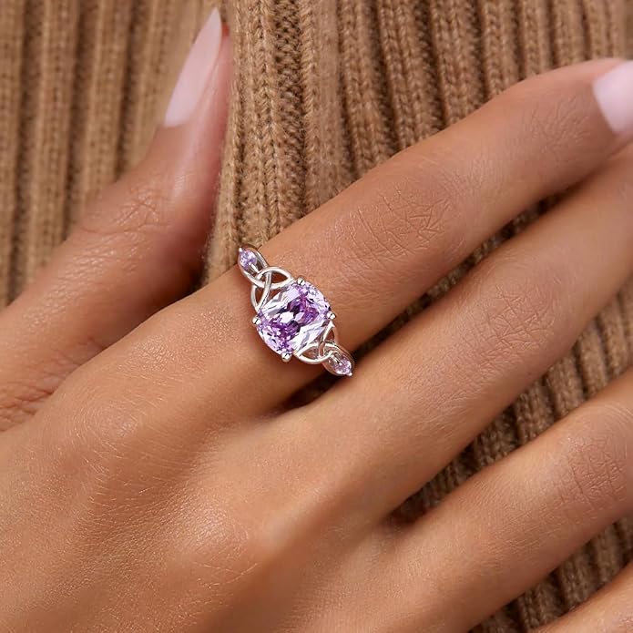 925 Sterling Silver Birthstone Rings for Women Cushion Cut Engagement Celtic Knot Ring Irish Jewelry Created Gemstone Anniversary Rings Size 6-10(with Box)
