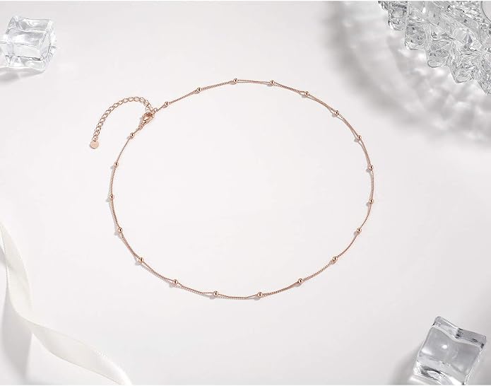 EPIRORA Choker Necklace for Women 925 Sterling Silver Gold Plated Dainty Satellite Bead Chain Pendant Minimalist Jewelry, 16''+2"