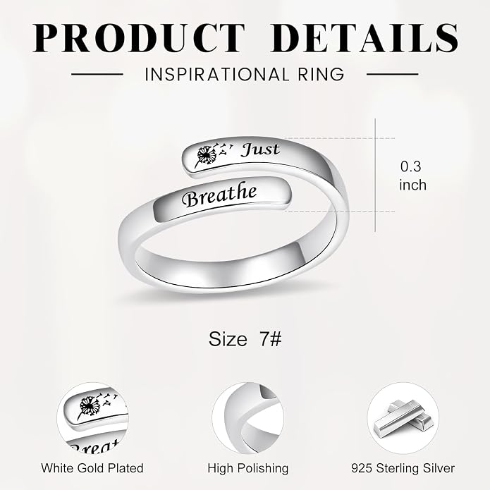 BEILIN 925 Sterling Silver Inspirational Jewelry Rings Adjustable Ring Personality Encouragement Gift for Teens Women
