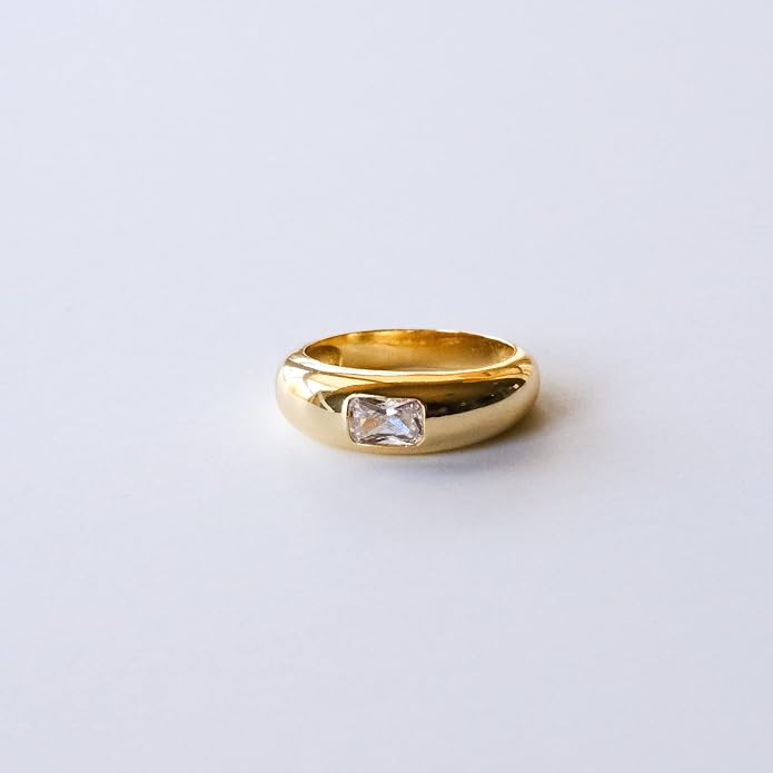 Baguette Dome Ring | CZ Set Gold Dome Ring | CZ Stacking Thick Band