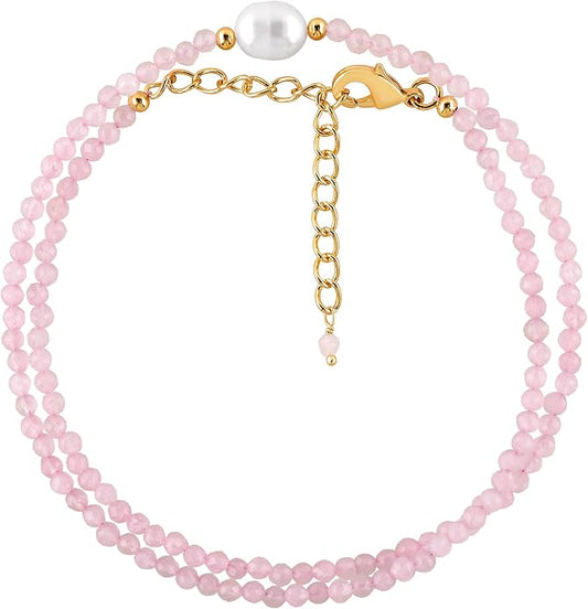 InfinityGemsArt Gemstone Gold Necklace For Women, Birthstone Natural Crystal Stone With Freshwater Pearl Beaded Jewelry, Gold Plated 18 Inch Chain