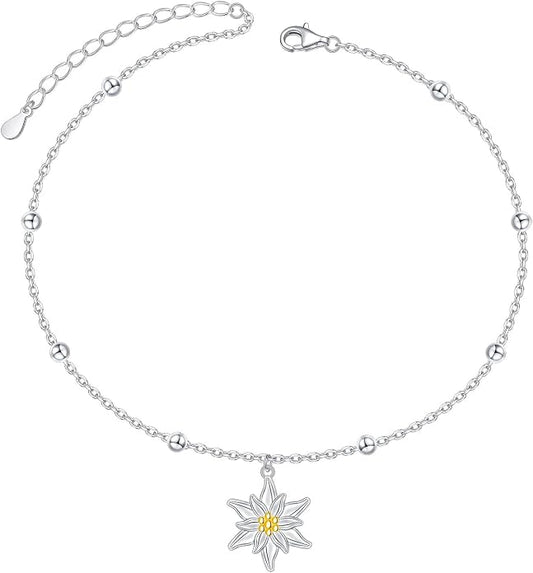 FLYOW S925 Sterling Silver Anklet for Women Summer Boho Beach Charm Adjustable Foot Ankle Bracelet Jewelry Birthday Gift