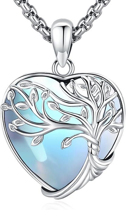 Tree of Life Necklace for Women Sterling Silver Celtic Moon Tree Moonstone Turquoise Pendant Heart Family Tree Necklace for Mother Daughter Sister Gifts