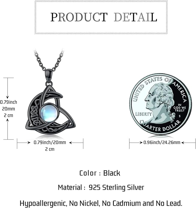 CHENGHONG Celtic Moon Necklace for Women 925 Sterling Silver Celtic Knot Moonstone Pendant Necklace Crescent Irish Necklaces Celtics Jewelry Gift for Women Men