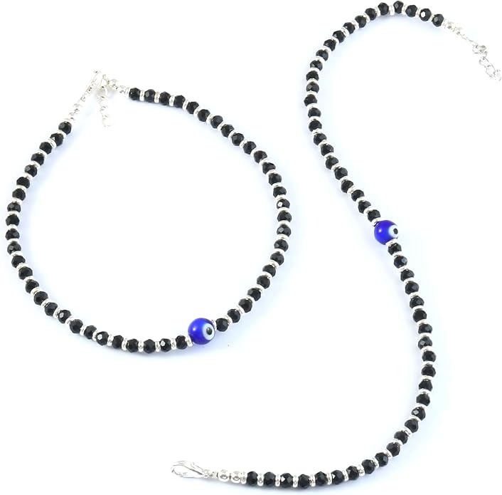 Jewar Mandi Anklet Evil Eye Nazariya Silver Plated Black Beads/crystal Adjustable Flexible Payal for Women