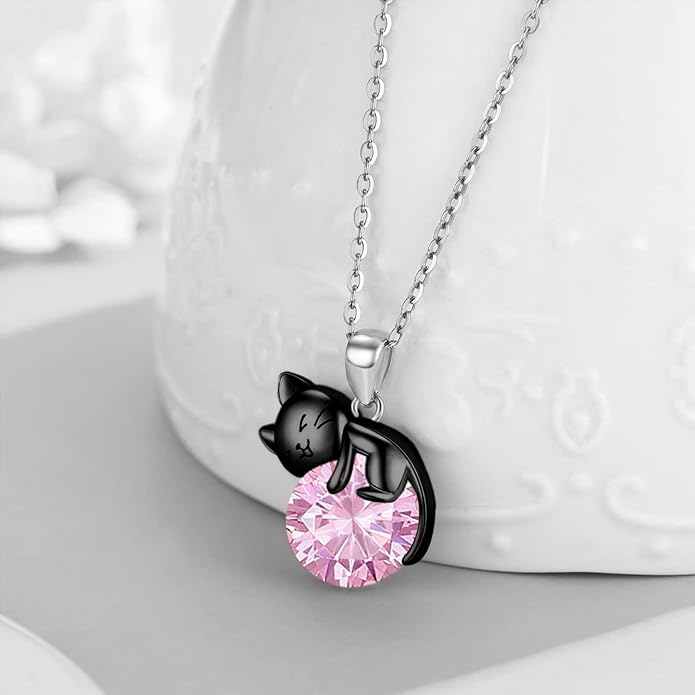 Cat Necklace Sterling Silver Cat Zircon Pendant Gothic Jewelry for Women Animal Lovers Gifts