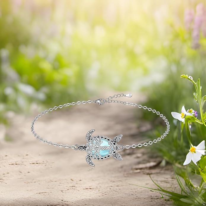 Fenthring Turtle Anklet S925 Sterling Silver Blue Opal Sea Turtle Ankle Bracelets for Women Infinity Wave Ocean Beach Summer Foot Bracelet Jewelry Layered Adjustable