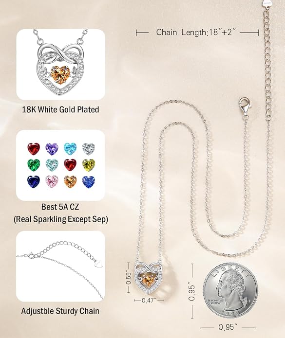 Trendy Dainty Infinity Birthstone Necklace, Dancing Heart 18K White Gold Plated 925 Sterling Silver Heart Necklace, Romantic Love Jewelry Graduation Gifts for Women Her