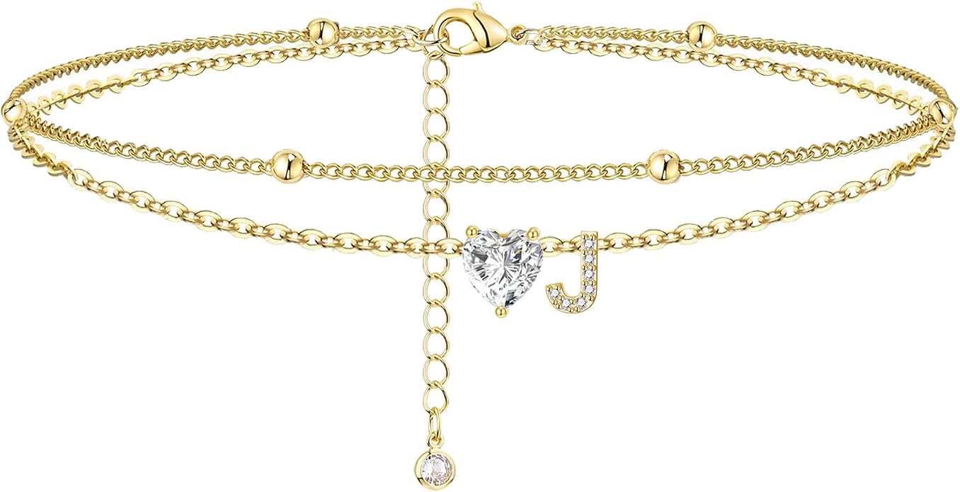 Ankle Bracelets for Women Waterproof 14K Gold Plated CZ Initial Anklet for Women Dainty Layered Letter Heart Ankle Bracelets Handmade Adjustable Foot Chain Anklet Summer Beach Jewelry