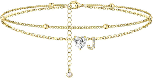 Ankle Bracelets for Women Waterproof 14K Gold Plated CZ Initial Anklet for Women Dainty Layered Letter Heart Ankle Bracelets Handmade Adjustable Foot Chain Anklet Summer Beach Jewelry