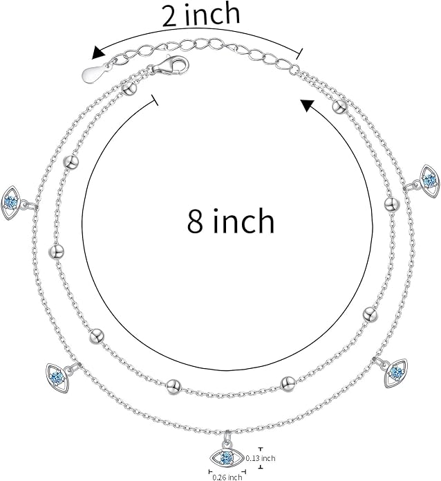 Anklet for Women S925 Sterling Silver Beach Style Foot Layered Adjustable Ankle Bracelet Disc Evil Eye Heart Infinity Bead Cross Jewelry