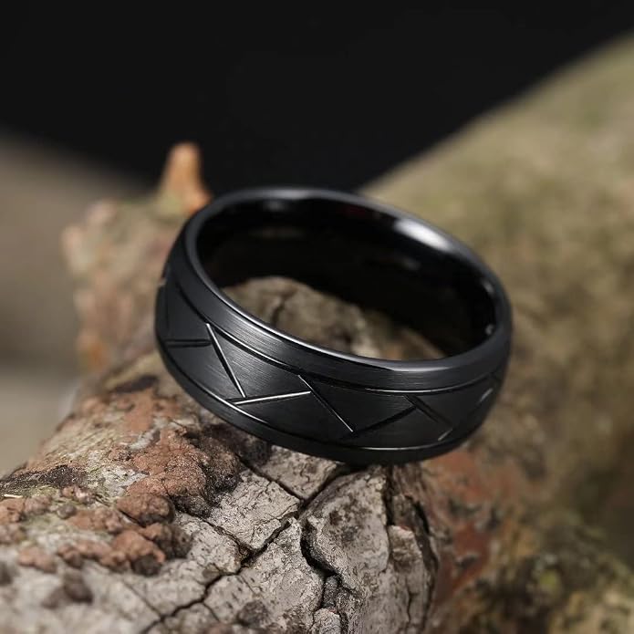 King Will Classic Tungsten Carbide Ring Brushed Two Grooved Center Hammered Design Mens Wedding Band for Men