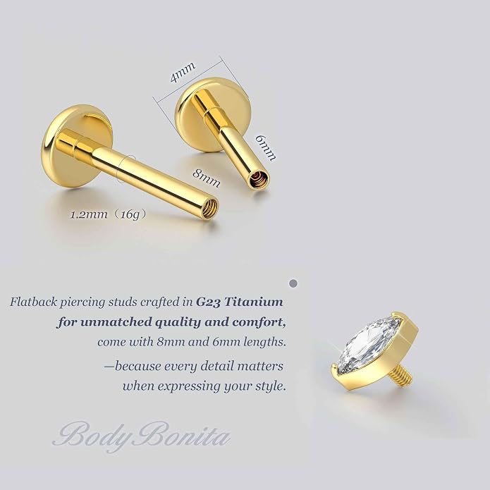 BodyBonita 16G Gold Stud Earrings Flat Back - G23 Titanium Internal Thread Clear CZ Cartilage Earrings for Women