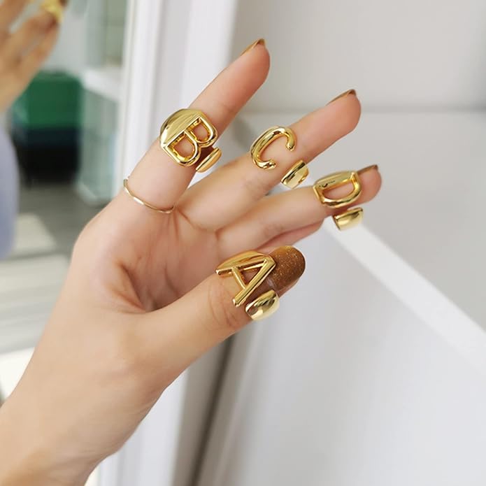 KeyStyle Bold Initial Letter Rings Adjustable, GoldChic Jewelry Women Gold Statement Ring Personalized Engraved Women’s Open Signet Ring for Party (Gold, White Gold, Black)