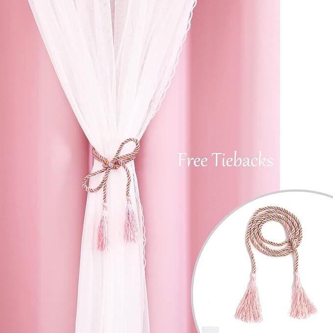 Pink Blackout Curtains with Voile Sheer Drapes, Thermal Pink Window Treatments with Tie-Backs for Kids/Girls Bedroom Nursery Living Room, Elegant, 2 Panels, 52 * 63 inches