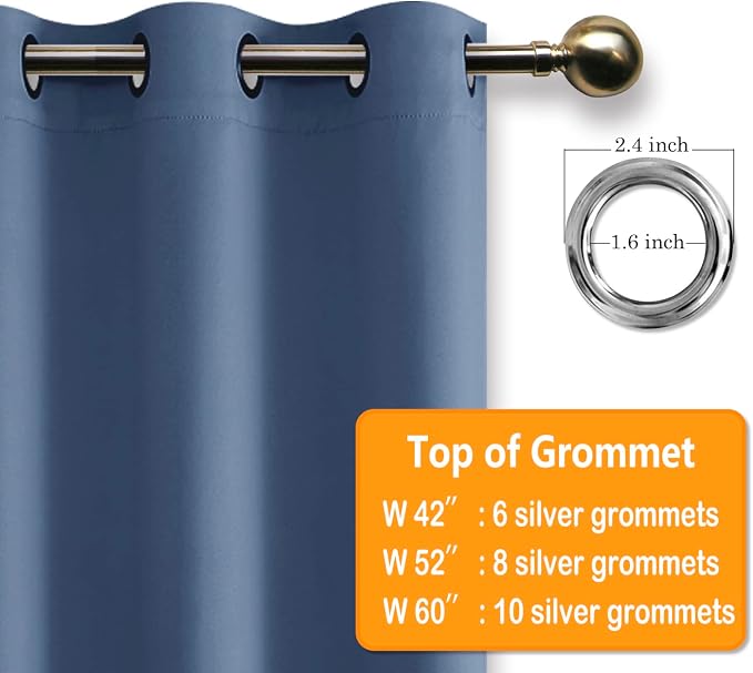 Hiasan Grommet Blackout Curtains for Bedroom, 70 x 84 Inches - Thermal Insulated & Light Blocking Window Drapes for Living Room/Dorm Room, Set of 2 Panels Sewn with Tiebacks, Blue Haze
