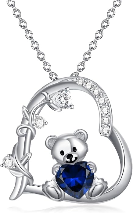 PELOVNY Teddy Bear Necklace for Women 925 Sterling Silver Bear/Highland Cow/Fox/Cat/Axolotl Birthstone Necklace Christmas Birthday Jewelry Gifts for Mom Daughter Wife Sister
