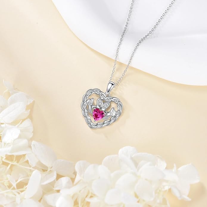 Birthstone Claddagh Heart Necklace 925 Sterling Silver Heart Celtic Knot Claddagh Necklace Pendant Irish Jewelry Gifts for Women Mom Wife Sister Christmas Birthday,18+2 inch