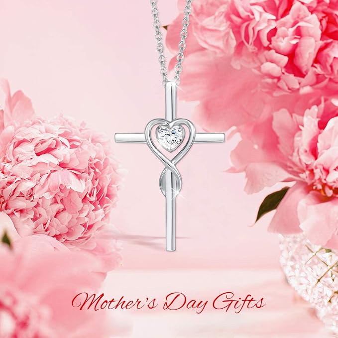 FANCIME Birthstone Cross Necklace for Women Birthstone Necklace Heart Infinity Cross Pendant Necklace Fine Jewelry Christmas Birthday Holiday Gifts for Her, 16"+2" Inches