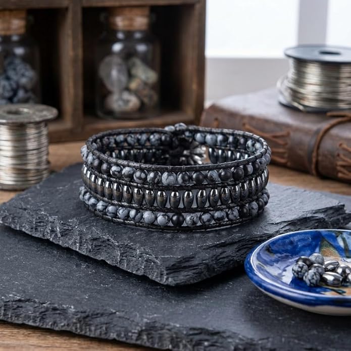 YGLINE Boho Handmade Natural Stone Bead 3 Row Wide Wrap Wrist Statment Bracelet Jewelry Collection