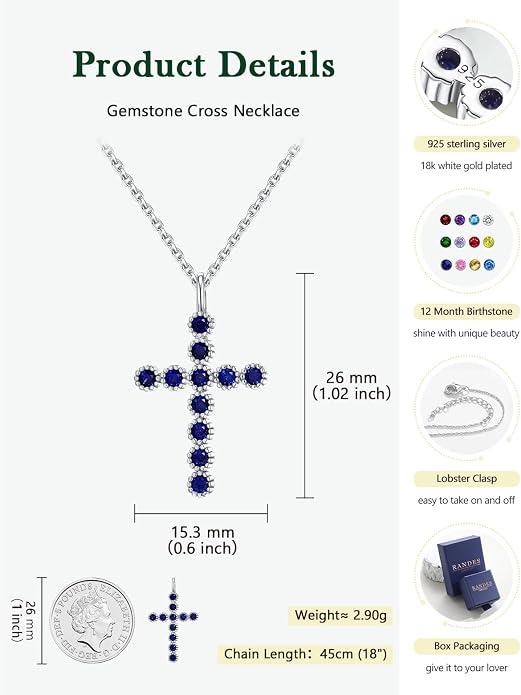 Sterling Silver Cross Necklace for Women Birthstone Religious Jewelry