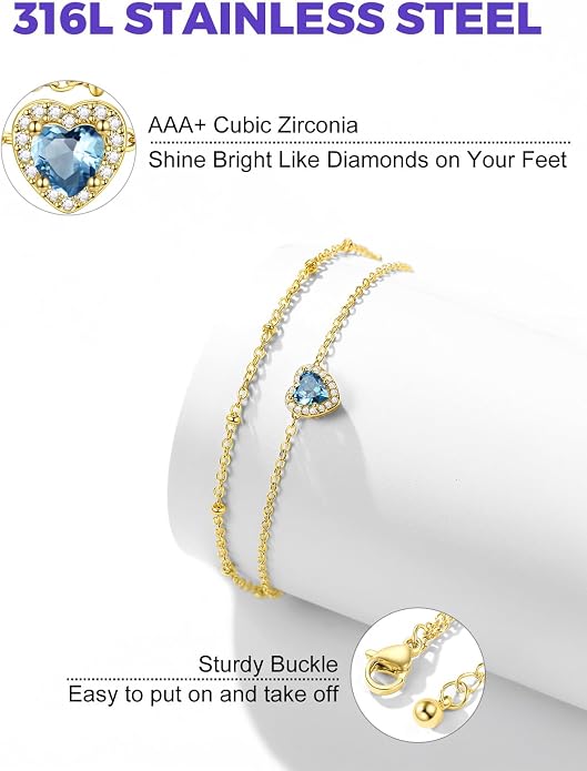 Richsteel Double Layer Heart/Butterfly Birthstone Anklet for Women Non Tarnish Waterproof, Silver/Gold/Black Stainless Steel 8.5-10.5 Inch Adjustable Chain Anklets Jewelry Gifts for Her