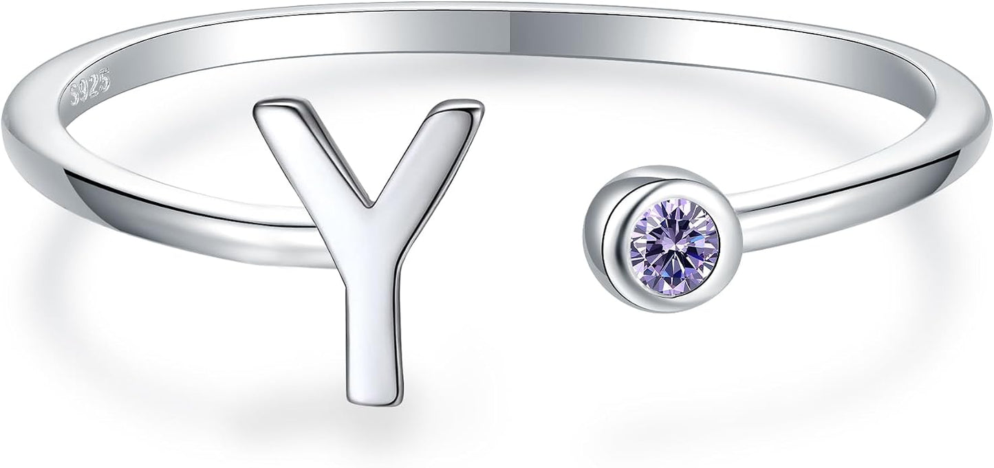 925 Sterling Silver Initial Letter Birthstone Rings for Women Adjustable 1-12 Month Birthstone Alphabet Stacking Ring for Teens Girls Stackable Birthstone Rings Birthday Jewelry Gift for Daughter Mom