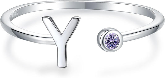 925 Sterling Silver Initial Letter Birthstone Rings for Women Adjustable 1-12 Month Birthstone Alphabet Stacking Ring for Teens Girls Stackable Birthstone Rings Birthday Jewelry Gift for Daughter Mom