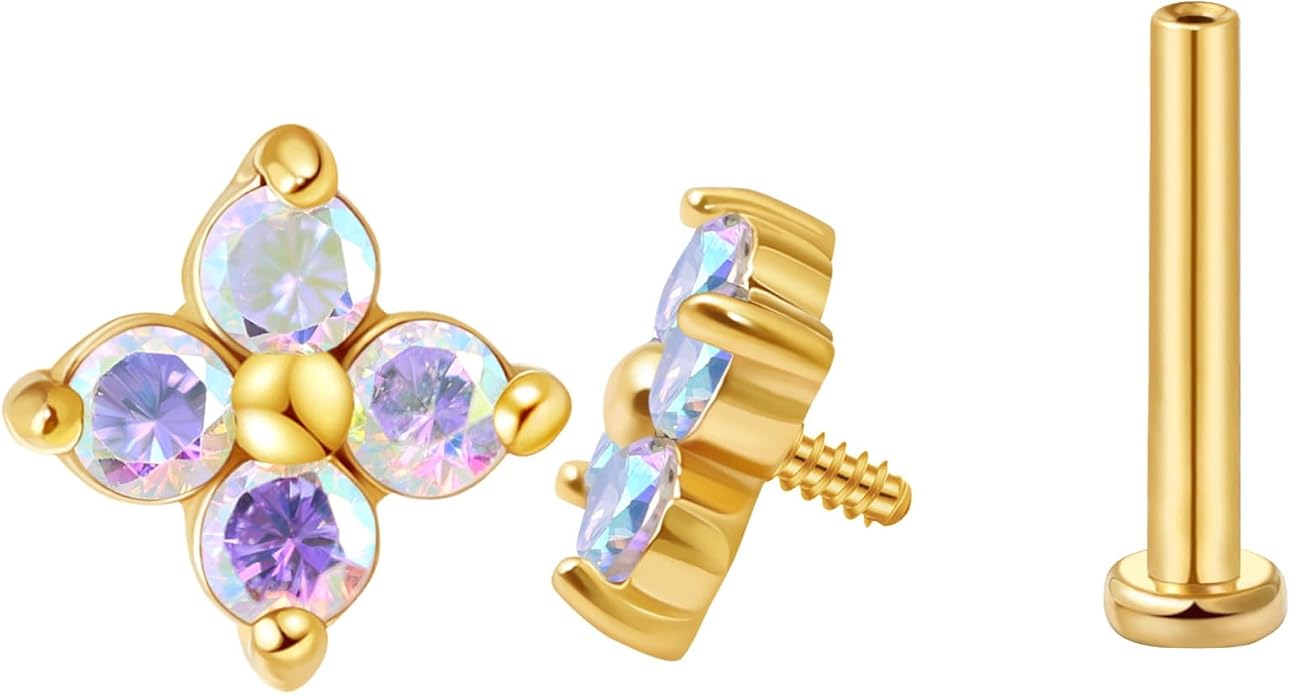 FANSING CZ Flower Internally Threaded Flat Back Earring Labret Stud for Cartilage Tragus Helix Conch