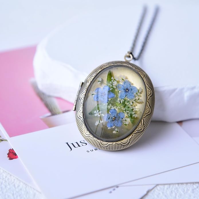 Vintage Photo Locket Necklace Handmade Pressed Flower Locket Necklace for Women