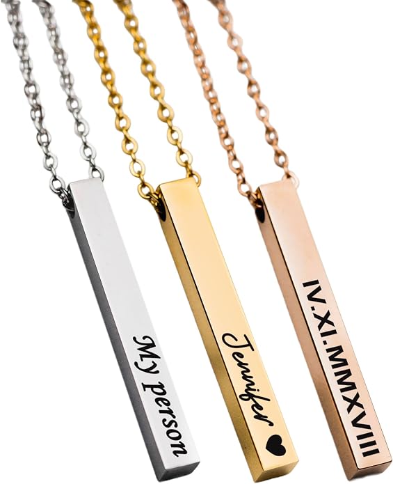 Personalized bar necklace for women, custom engraved stainless steel name plate necklace gift gold, silver and rose gold for mothers day, coordinates, dates, roman numeral, friendship, christmas