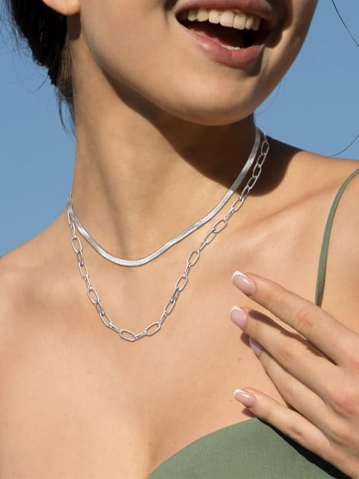 FOCALOOK 14K Gold Plated Necklaces for Women, Fashion Herringbone Choker Necklace Stainless Steel Flat Snake Chain 3/5MM(W) 12.5"/15"/18"+3.5"(L)