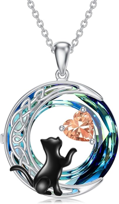 TOUPOP Cat Gifts for Cats Lovers 925 Sterling Silver Black Cat Necklace Celtic Moon Birthstone Jewelry for Women Anniversary Birthday Gift for Her Wife Mom